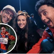 Muzz Khan (right and inset) with Michelle Keegan and Joe Gilgun, filming Brassic season five