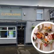 The Clifton Arms. Inset photo is stock image of Christmas dinner from Canva