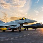Eurofighter Typhoon alongside the Tempest concept model at BAE Systems' facility in Warton
