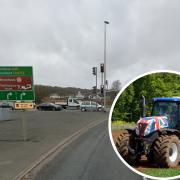 The Tickled Trout at junction 31 of the M6 and a tractor, inset