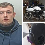 The motorbike ridden by Daniel Wray and Wray's crash helmet which had a tinted visor.