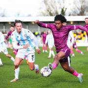 Stanley’s Brad Hills challenges Sutton United scorer Nino Adom-Malaki