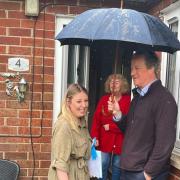 Hyndburn Conservative candidate Sara Britcliffe and Foriegn Secretary Lord Cameron on an Oswaldtwistle doorstep