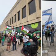 Pro-Palestine protesters outside Brighton Centre on left, and pro-Israel campaigners on the right