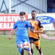 POINT: Clitheroe’s Richard Burns looks to make progress in the 1-1 draw with Ossett Albion