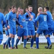 WRIGHT STUFF: Nelson players celebrate going 2-0 up with goalscorer Peter Wright (centre)           Pictures: KIPAX
