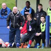 ORDERS: Padiham manager Steve Wilkes on the touchline during the Storks defeat to Salford City last month