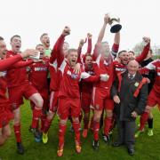 GOING UP: Darwen celebrate after beating Hanley Town in the North West Counties First Division play-off final