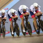 Great Britain's Steven Burke (right) leads the the team in the Men's Team Pursuit Qualification during day one of the UCI Track Cycling World Championships at Lee Valley VeloPark, London. PRESS ASSOCIATION Photo. Picture date: Wednesday March 2, 2016.