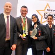 From left, Mark Cooper, Stuart Davidson (Myerscough College), Aysha Dagra and Abbaas Shakil and the Secondary School of the Year Award for Pleckgate High School.