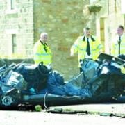 WRECKAGE: The crushed Peugeot in which Liam Paul Atkinson, 24, of Burnley, was killed yesterday on the A59 at Osbaldeston