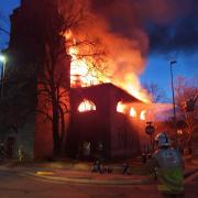 Firefighters battling the fire at The Bureau Centre for the Arts in Blackburn
