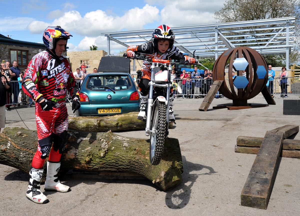 Motorcycle champion Dougie Lampkin performs at Thornton Hall Country Park, Thornton In Craven