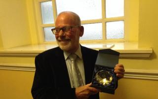CLlr Paul Browne receiving long-service award from Blackburn with Darwen Council.