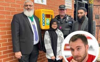 Councillor Suleman Khonat (left),with members of to Blackburn charities IMO Charity and Benefit Mankind, and a police officer. Inset is Christian Eriksen