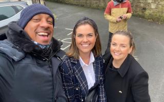 (L-R) Homes Under the Hammer host Dion Dublin, Fardella and Bell Estate Agents director Aimee Bell and estate agent Megan Atkinson