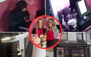 Images of the burglar from the security camera footage and outside of Finch Bakery. Inset photo is Lauren Sinclair and Rachel Finch.