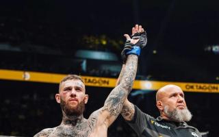 Blackburn’s Corey Fry has his armed raised in Cologne after his victory against Deniz Ilbay at Oktagon 49 at the Lanxess Arena Picture courtesy of Oktagon MMA