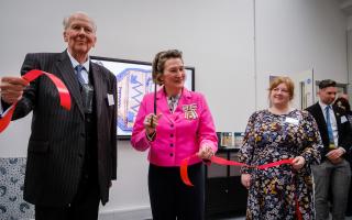The Lord Lieutenant of Lancashire, Amanda Parker JP, carrying out the official ribbon cutting of the Gawthorpe Textiles Collection’s new home, alongside The Chairman of Trustees, Lord Charles Shuttleworth