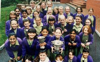 Girls from Westholme Middle School who won the recorder group and public speaking awards at Blackburn Music Festival in 1994