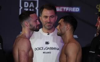 Jack Catterall (right) and Josh Taylor, with promoter Eddie Hearn (centre) at yesterday’s weigh in ahead of tonight’s clash at the First Direct Arena in Leeds Picture: Mark Robinson Matchroom Boxing