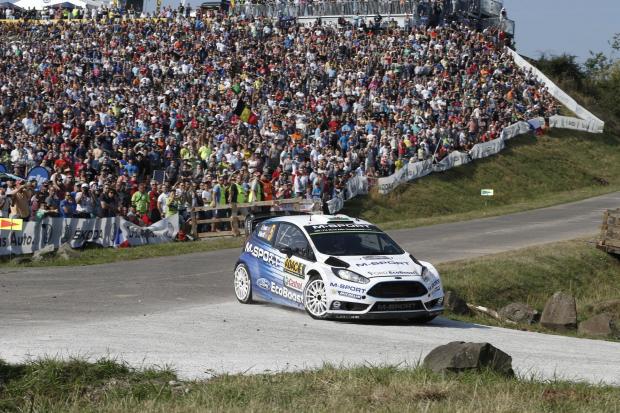 CROWD PLEASERS: Daniel Barritt and Elfyn Evans cheered on by massive crowds in Germany. The pair finished seventh in this year’s championship