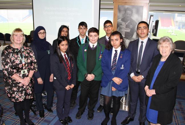 At the Schools Working Together conference secondary school pupils from across Blackburn with Darwen heard from terror attack survivor Ahmad Nawaz (pictured second right) – with Prevent Education Officer Leanne Romney (left) and Councillor Maureen B